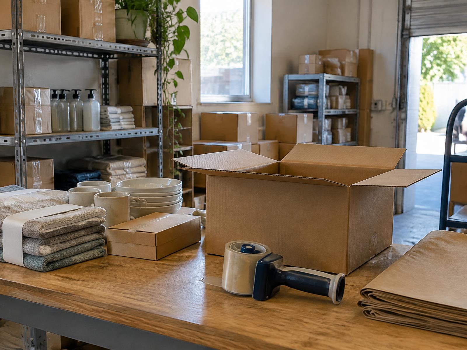 Packing table with shipping cartons and supplies in a small warehouse
